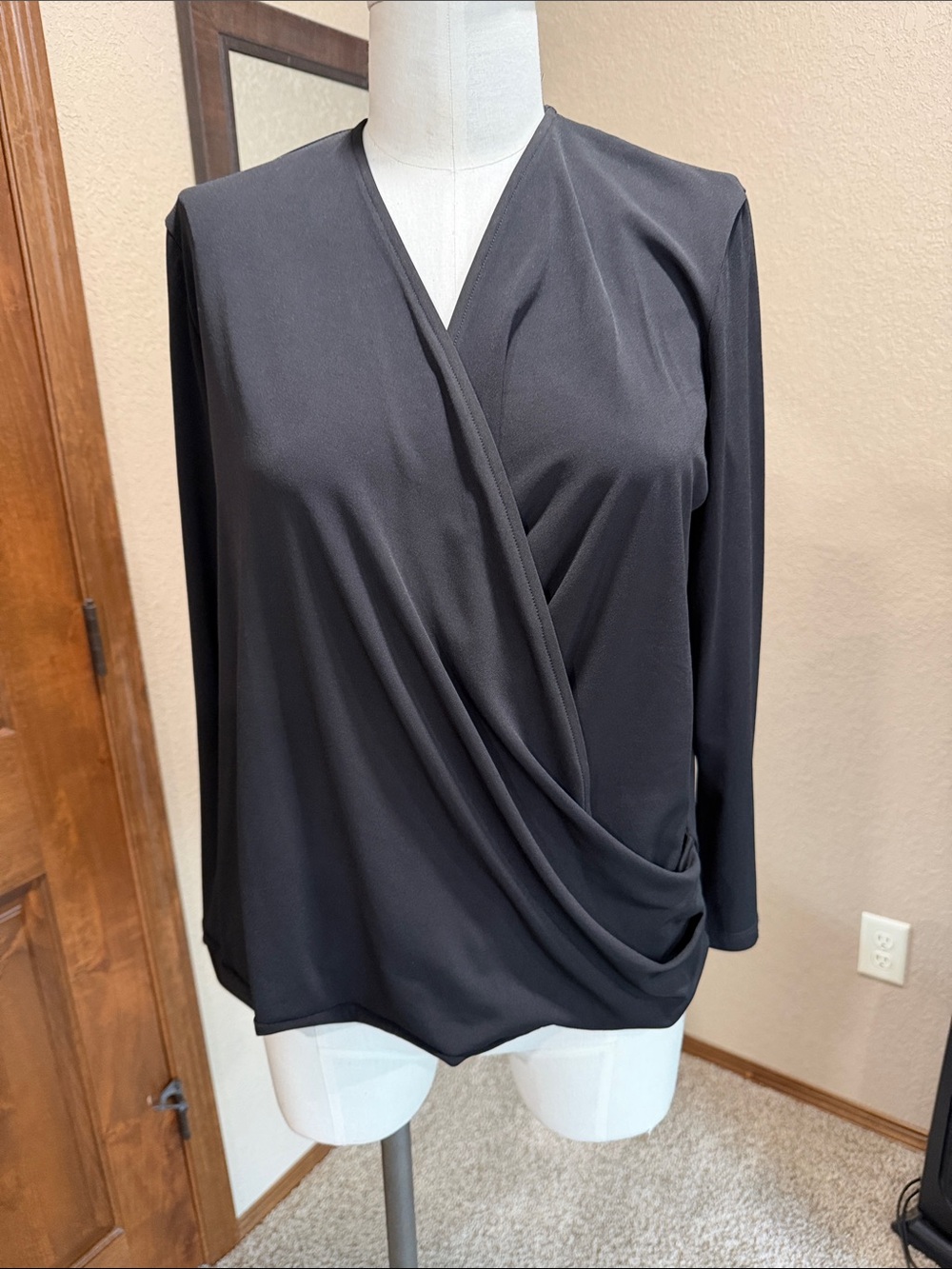 Clara Sun Woo Black Draped Wrap-Front Long Sleeve Blouse - M
